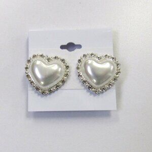 Silver Plated Rhinestone Crystal Pearl Heart Clip-On Earrings Valentines Day